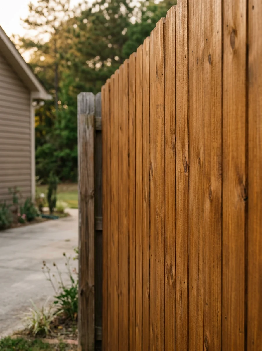 Close-up of a freshly stained wood fence panel on a Warner Robins residential property, showing even stain coverage on pressure-treated boards.