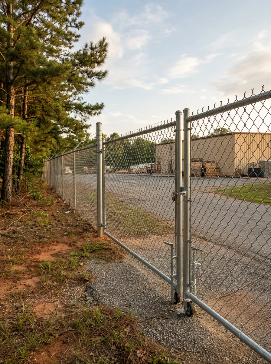 A chain link perimeter fence surrounding a commercial property near a Macon, GA industrial corridor, with a rolling gate visible at the entrance.