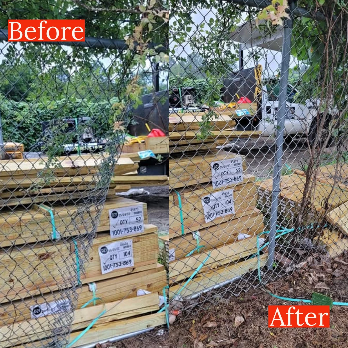 A repaired wooden privacy fence with newly set posts and replaced boards in a residential backyard in Warner Robins, Georgia. The fence line is straight and secure, showing the finished result of professional fence repair work in Middle Georgia.